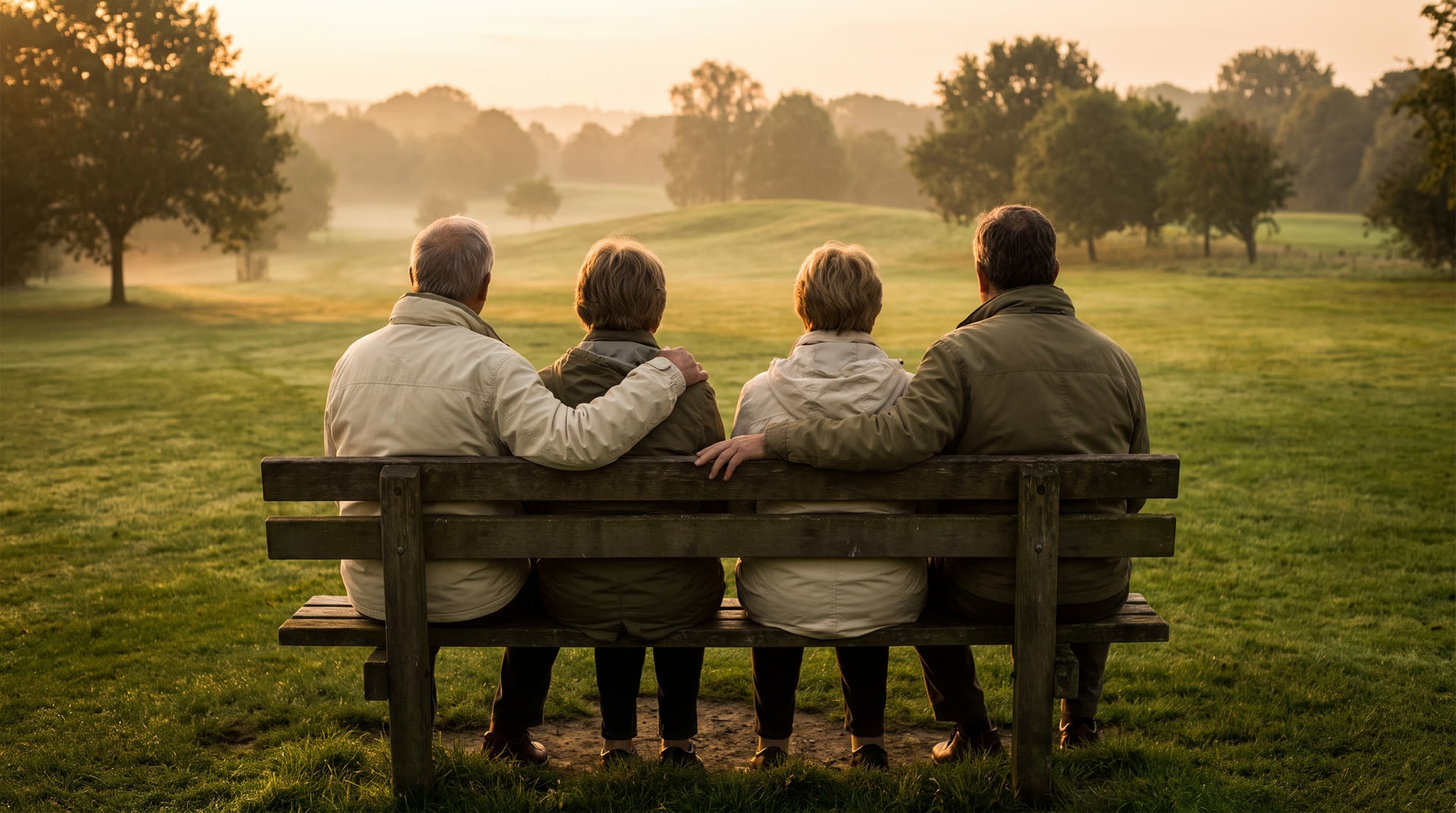 A group sitting together outdoors at sunrise, representing community support